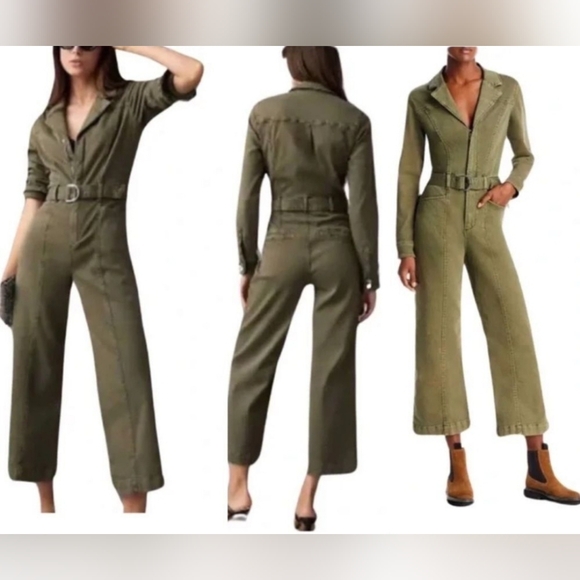 Jason Wu Pants - JasonWu Army Green Utility Cargo Wide Leg High Rise Belted Cotton Jumpsuits Sz S